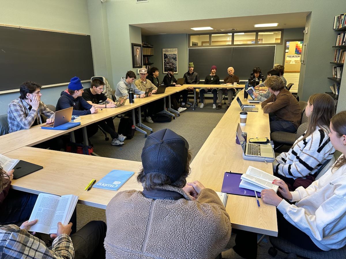 college political science classroom with the tables organized facing each other